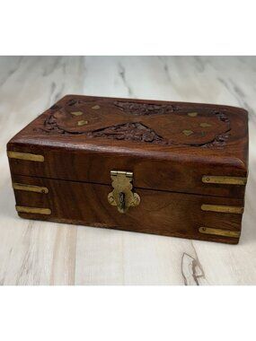 Handmade 6"x4"x2.5" Carved Gilded Wooden JEWELRY BOX Red Velvet Lining India